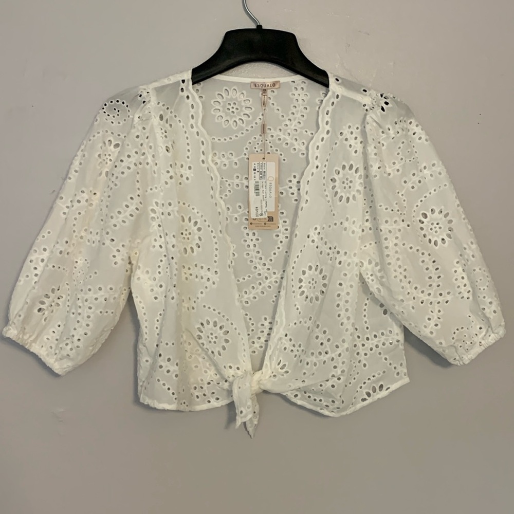 Esqualo Knot Crop Top Shrug Wrap Eyelet Color Off White Size 8 100% Cotton NWT